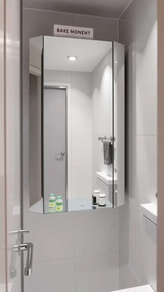 23 Stunning Small Bathroom Interior Ideas for a Stylish Makeover 7 A sleek mirrored cabinet in a small bathroom reflecting light and offering storage solutions.