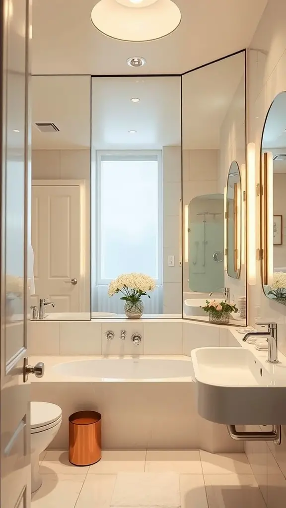 19 Creative Windowless Bathroom Ideas You’ll Love 2 A modern bathroom featuring extensive mirrors creating an illusion of space, complemented by soft lighting and elegant decor.