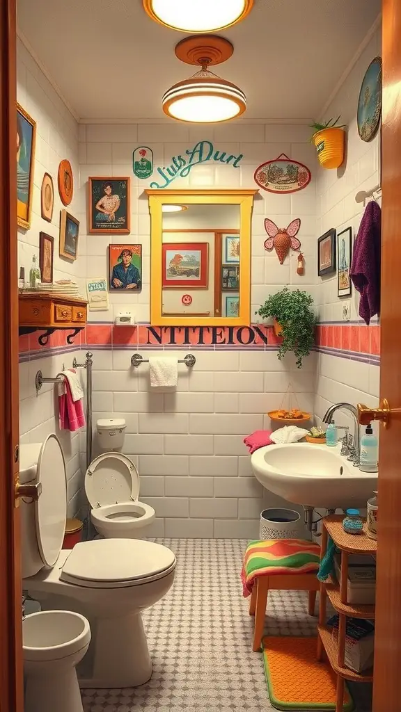 15 Fabulous 70s Bathroom Aesthetic Ideas to Inspire Your Renovation 14 A colorful and eclectic 70s style bathroom featuring mismatched accessories, artwork on the walls, and vibrant decorations.