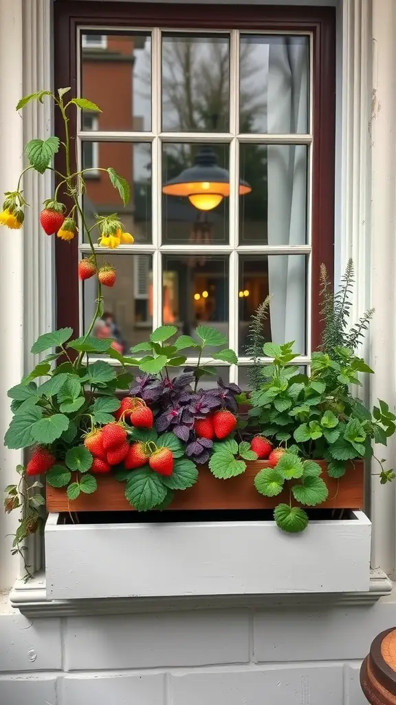 19 Creative Window Box Ideas to Brighten Your Home 16 A window box filled with strawberries and various herbs, showcasing a mix of edible plants.