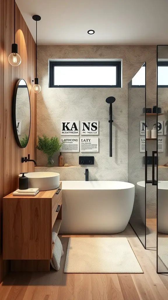 21 Stunning Scandinavian Bathroom Ideas You’ll Love 15 A modern Scandinavian bathroom featuring a white bathtub, wooden cabinetry, and mixed materials.