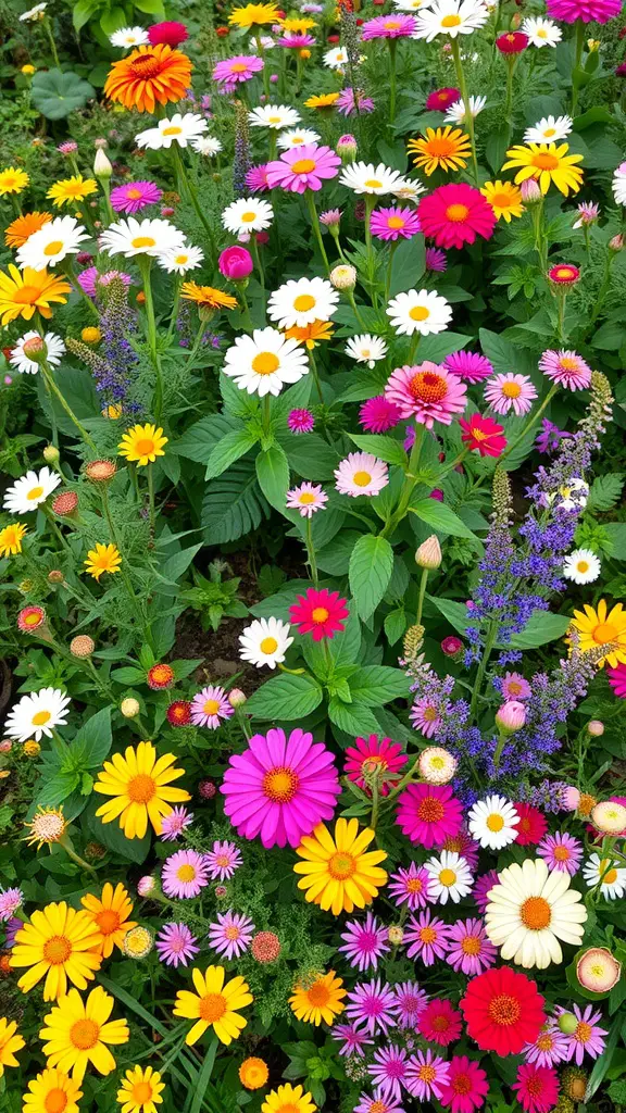 A colorful mixed flower bed featuring daisies, zinnias, and asters.