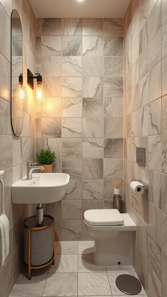 25 Stunning Bathroom Tile Combination Ideas to Transform Your Space 15 A cozy bathroom featuring a mix of light textured tiles, a modern sink, and warm lighting.
