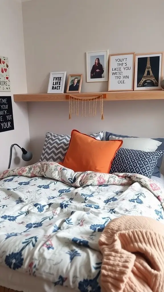 23 Trendy Dorm Bedding Ideas for a Stylish Space 16 A cozy dorm bed with mixed patterns of a floral comforter, geometric pillows, an orange accent pillow, and a knitted throw.