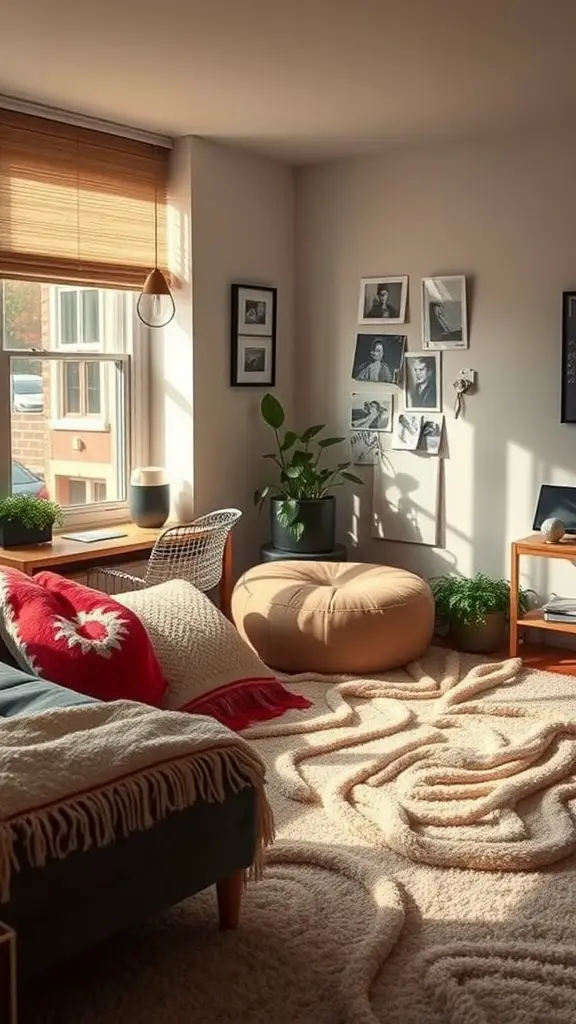 21 Creative Dorm Living Room Ideas to Maximize Space 13 Cozy dorm living room featuring a soft rug, colorful pillows, and framed photos on the wall.