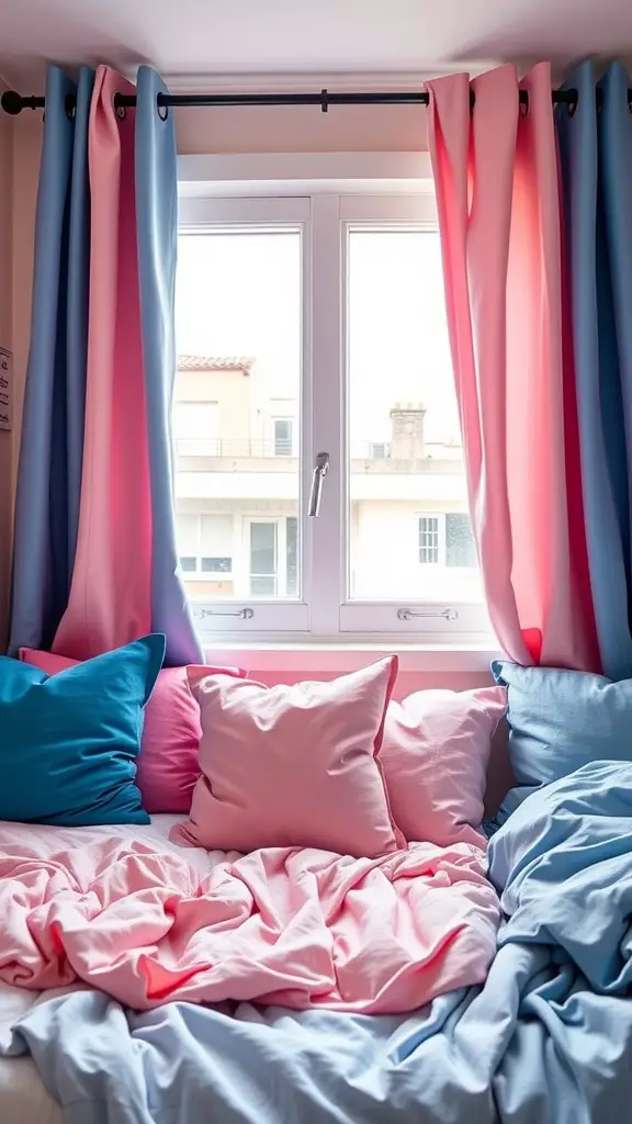 19 Stylish Pink and Blue Dorm Room Ideas to Elevate Your Space 15 A cozy dorm room corner featuring pink and blue pillows and curtains by a window.