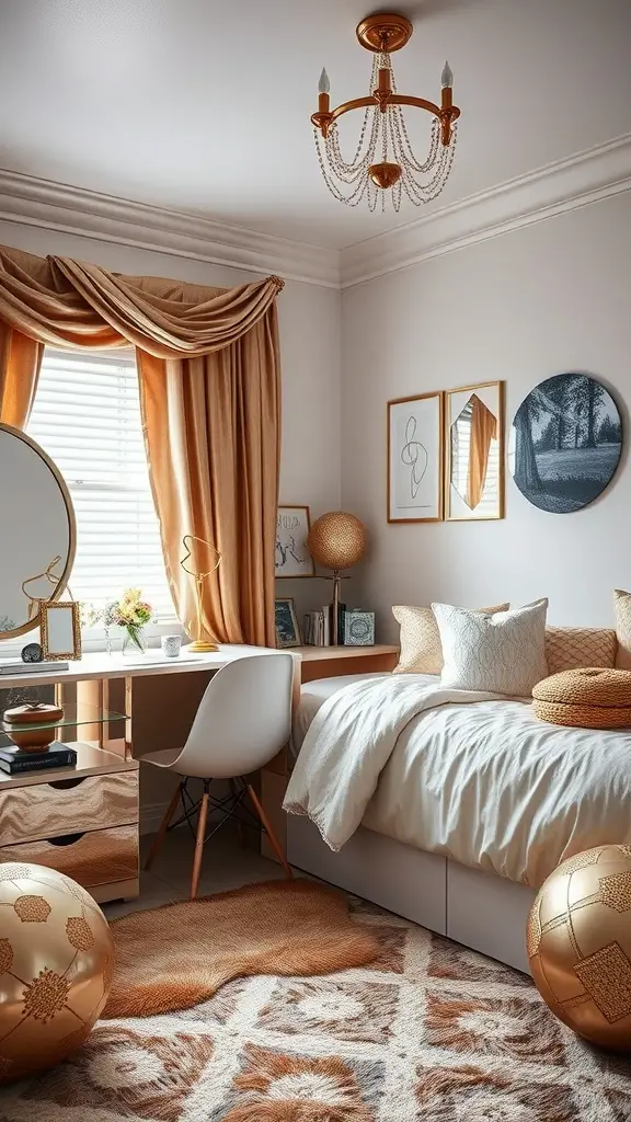 25 Stunning Luxury Dorm Room Ideas to Elevate Your Space 2 A beautifully designed dorm room featuring modern glam elements with metallic accents, including a golden chandelier, plush bedding, and stylish decor.