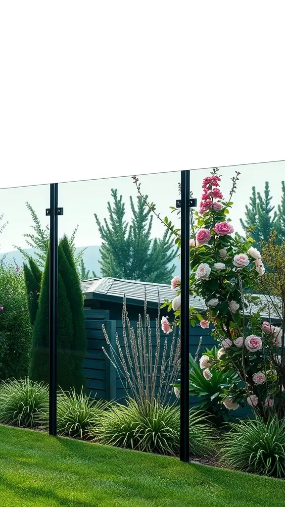 21 Creative Garden Fence Ideas to Transform Your Outdoor Space 13 A modern garden featuring a glass panel fence, surrounded by colorful flowers and greenery.