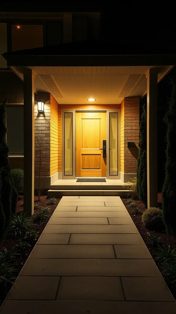 15 Creative Front Porch Lighting Ideas for a Stunning Entryway 10 An entrance with modern LED floodlights illuminating the porch and pathway