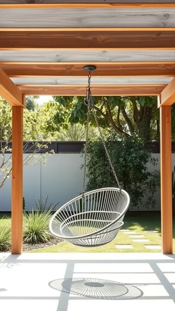 27 Creative Outdoor Swing Ideas for Your Backyard Bliss 2 A modern metal hanging chair suspended under a wooden structure in an outdoor setting, surrounded by greenery.