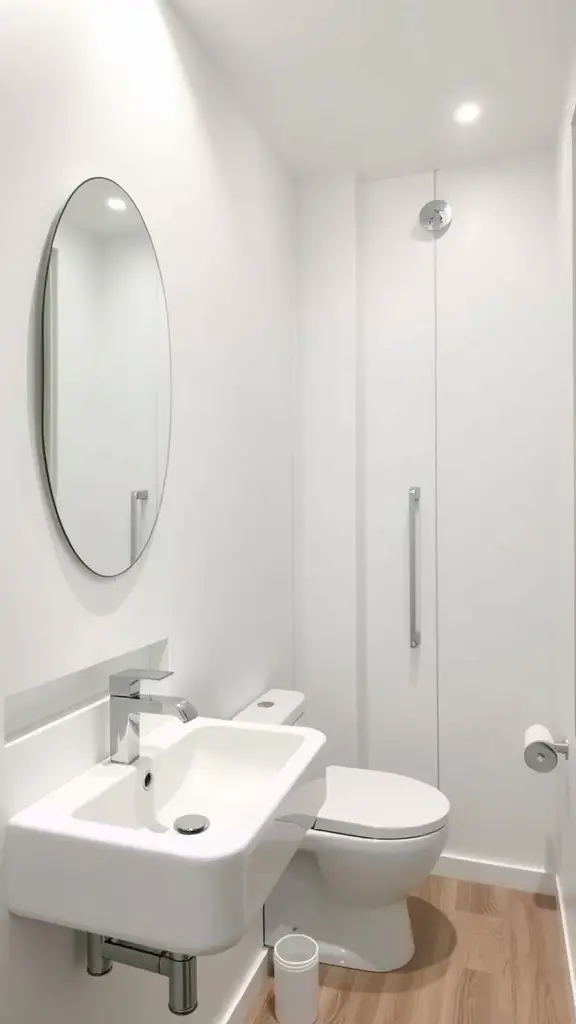 21 Stunning Upstairs Bathroom Ideas You’ll Love 4 A modern minimalist bathroom featuring white walls, a round mirror, and natural wood flooring.