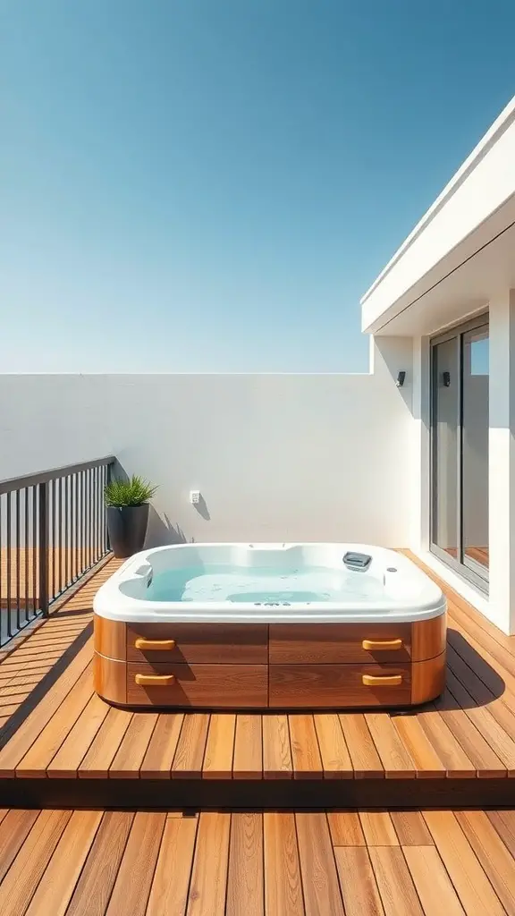 Modern minimalist deck with a hot tub surrounded by wooden flooring and a clear blue sky