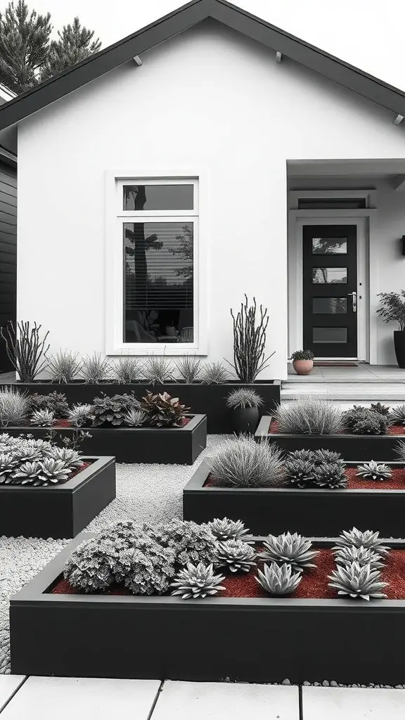 25 Beautiful Raised Flower Bed Ideas for Your Front House 4 Modern minimalist design with multiple raised flower beds in front of a house