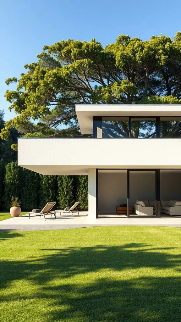 29 Gorgeous Garden Summer House Ideas to Enhance Your Outdoor Space 10 A modern minimalist garden summer house with a flat roof and large glass doors, surrounded by lush greenery.