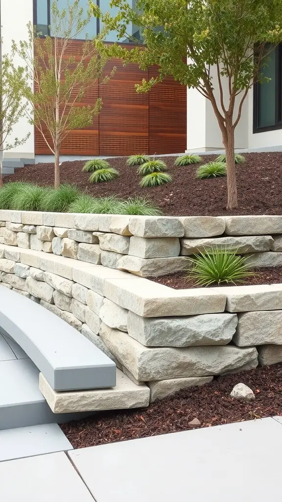 23 Stunning Gabion Retaining Wall Ideas for Your Landscape 5 Modern minimalist gabion retaining wall with natural stones, surrounded by greenery and gray steps.