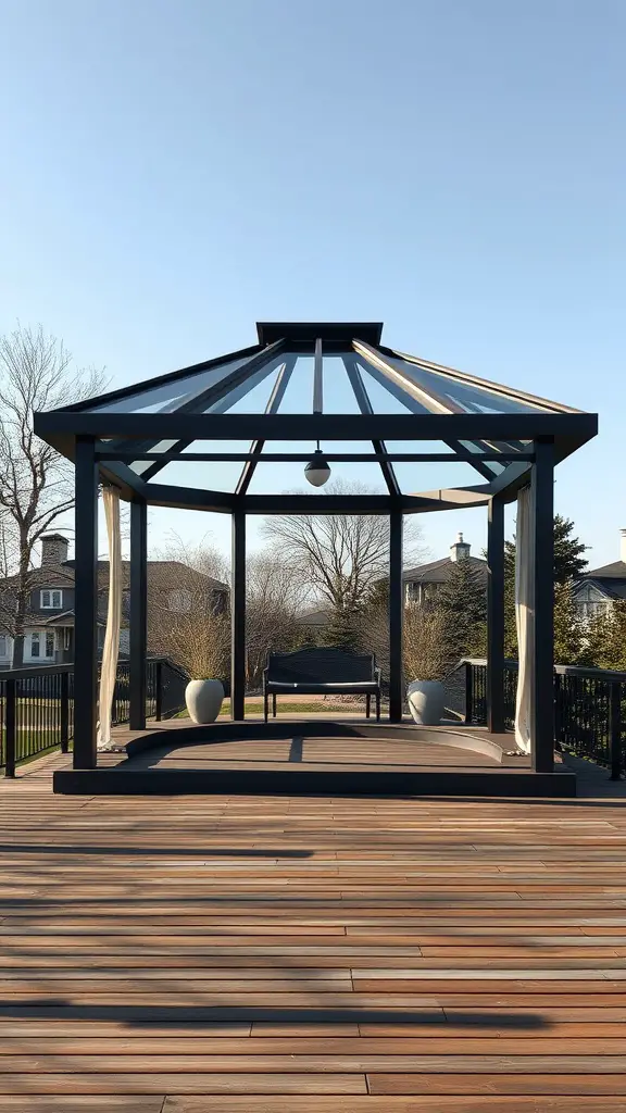 17 Stunning Gazebo Deck Ideas for Your Outdoor Oasis 8 A modern minimalist gazebo structure with a glass roof and clean lines on a deck