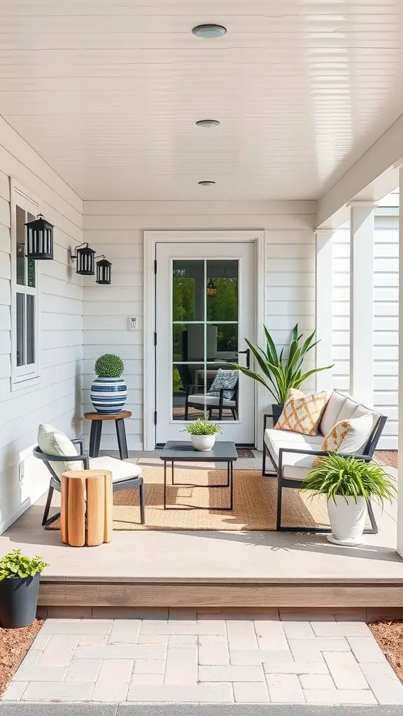 15 Creative Mobile Home Porch Ideas for a Cozy Outdoor Space 4 A modern minimalist porch featuring clean lines, simple furniture, and greenery.