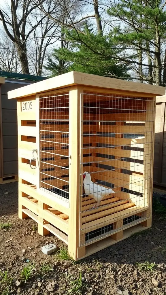 19 Creative Pallet Chicken Coop Ideas You’ll Love 16 A simple modern pallet chicken coop with wire fencing and a chicken inside.