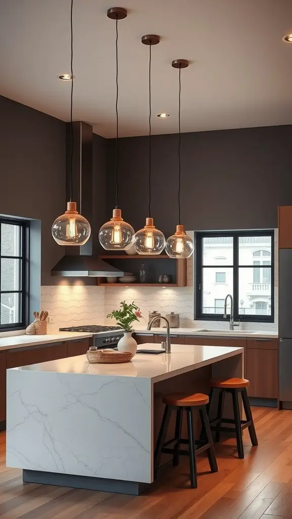 19 Stunning Kitchen Lighting Ideas to Brighten Up Your Space 2 Stylish kitchen with modern pendant lights hanging over a marble island, featuring wood accents and sleek design.
