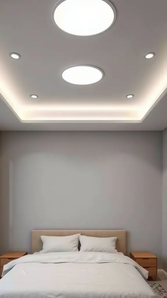 17 Inspiring Bedroom Lighting Ideas for a Cozy Ambiance 9 A modern bedroom with recessed lighting in the ceiling, featuring two large round lights and smaller spotlights.