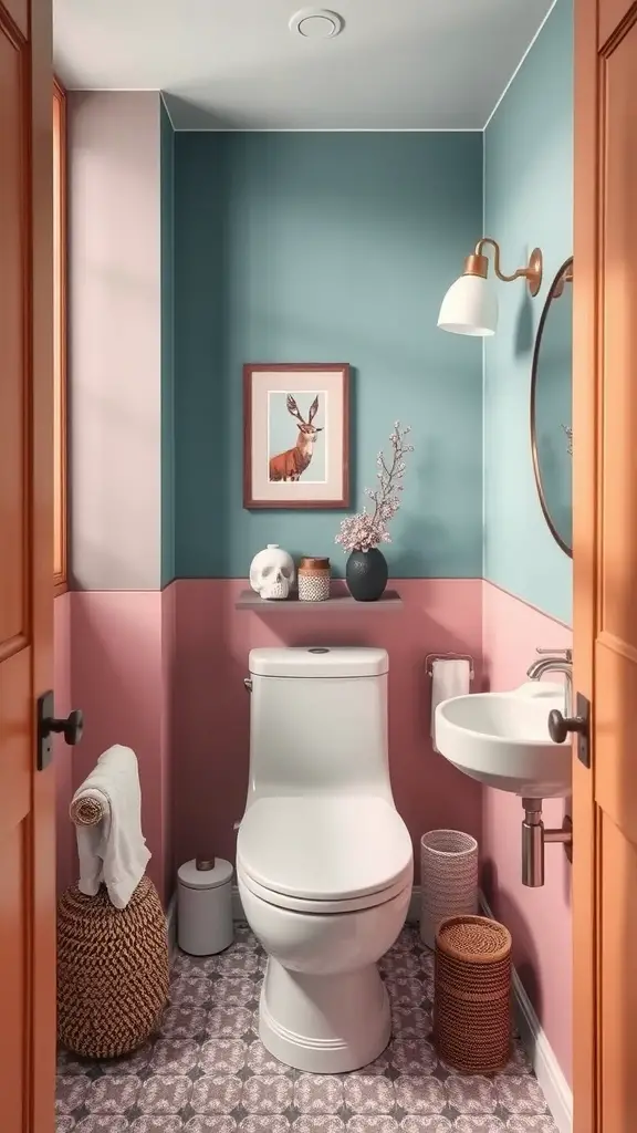 23 Creative College Bathroom Decor Ideas for a Stylish Space 13 A stylish small bathroom featuring teal and pink walls, a white toilet, and woven storage baskets.