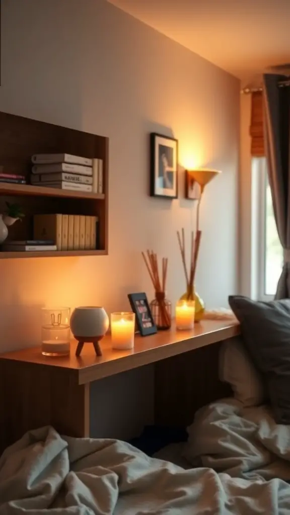 19 Cozy Dorm Room Aesthetic Ideas to Transform Your Space 9 A cozy dorm room setup featuring various scented candles on a desk with soft lighting.