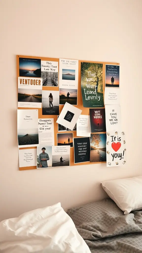 19 Creative Dorm Wall Decor Ideas to Personalize Your Space 16 A mood board filled with inspiring quotes, photographs, and personal reminders on a wall.
