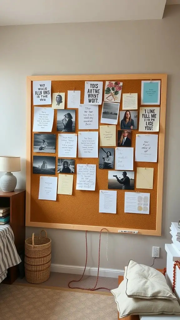 19 Aesthetic Dorm Room Ideas You’ll Love 5 Mood board displaying inspirational quotes and images on a corkboard in a cozy dorm room.