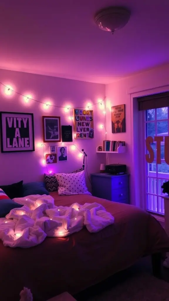 25 Stunning Luxury Dorm Room Ideas to Elevate Your Space 12 A cozy dorm room with purple mood lighting and fairy lights.