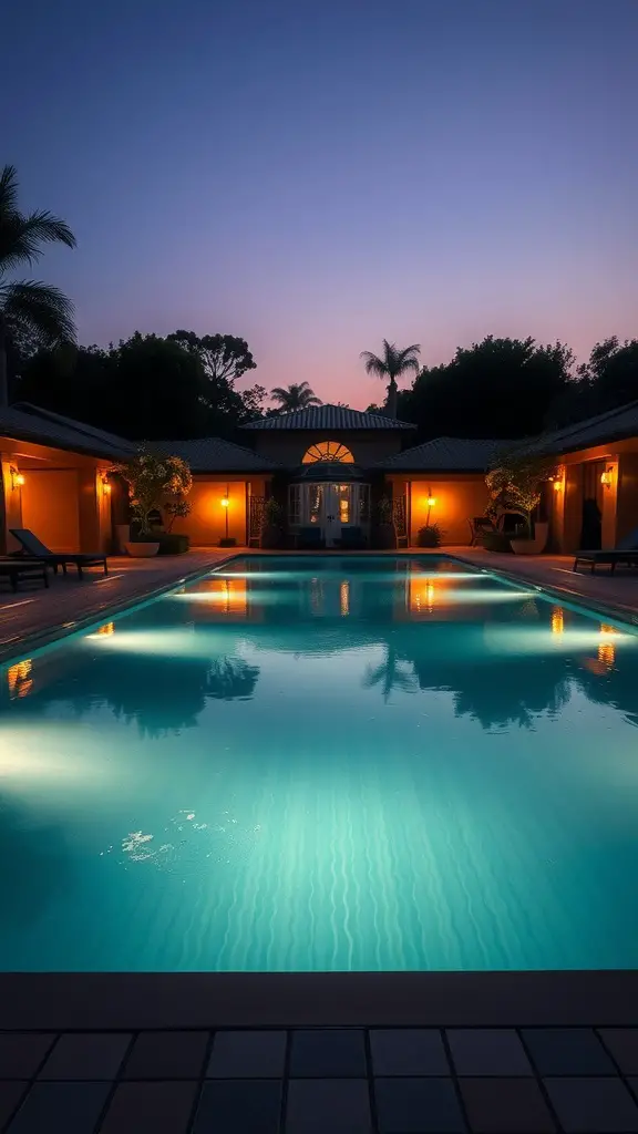 17 Stunning Pool Landscaping Ideas You’ll Love 16 A beautifully lit pool area at dusk, showcasing warm lights reflecting on the water.