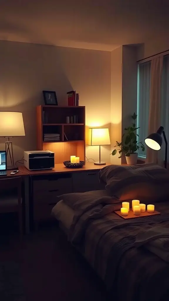 19 Aesthetic Dorm Room Ideas You’ll Love 17 A cozy dorm room with lamps and candles providing warm lighting.