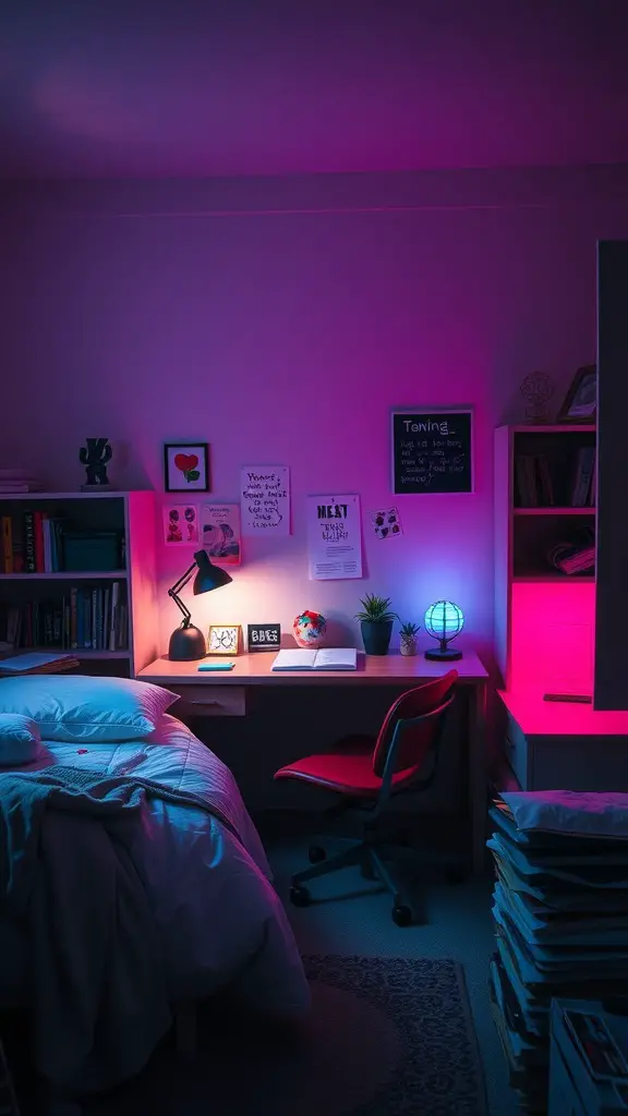19 Stylish Pink and Blue Dorm Room Ideas to Elevate Your Space 14 A cozy dorm room with pink and blue lamps illuminating a desk and bed area.