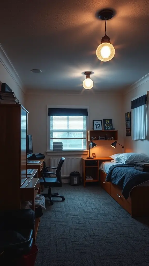 21 Creative Boys Dorm Room Ideas to Elevate Your Space 11 A cozy dorm room with warm lighting from smart bulbs, featuring two light fixtures and a desk area.