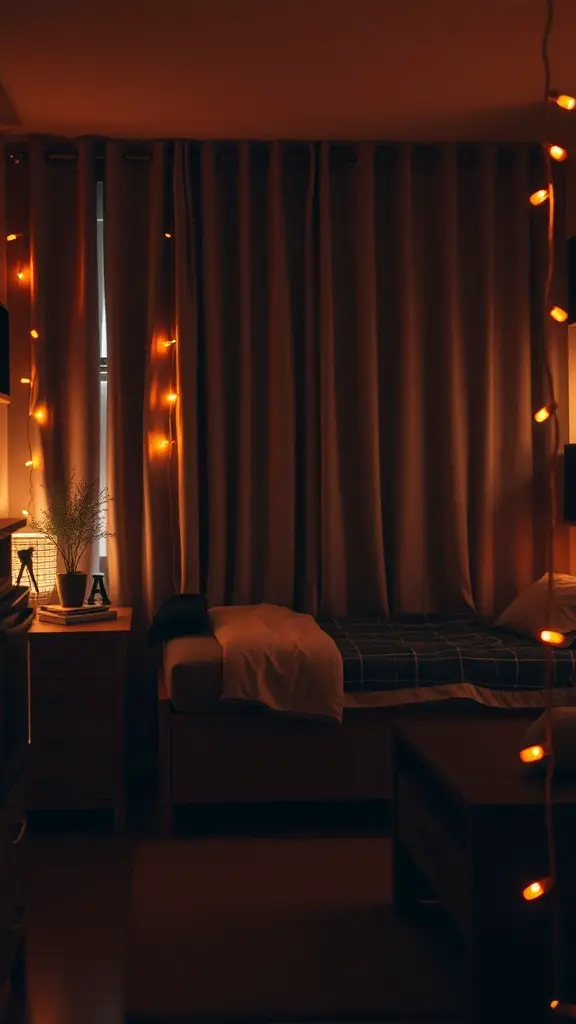 25 Dark Dorm Room Aesthetic Ideas for a Cozy and Chic Vibe 4 A dimly lit dorm room with orange string lights draped along curtains, creating a cozy atmosphere.