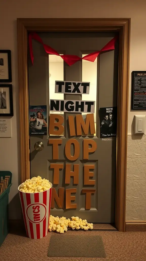 21 Creative Dorm Door Decoration Ideas for a Personal Touch 8 A dorm door decorated for a movie night theme, featuring bold letters, popcorn bucket, and colorful ribbons.