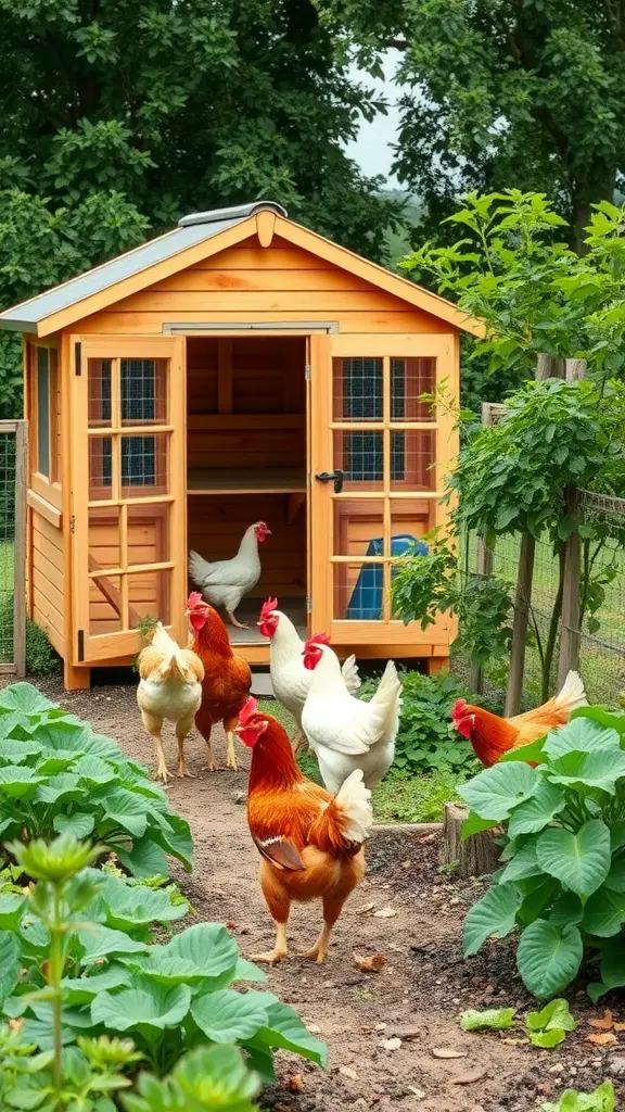 17 Creative Walk-In Chicken Coop Ideas You'll Love 6 A wooden chicken coop surrounded by chickens and a garden.