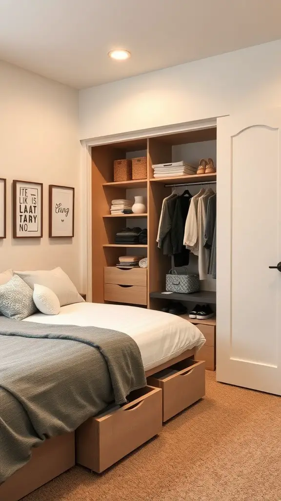 19 Creative Dorm Closet Organization Ideas You Need to Try 11 A well-organized dorm room with a bed featuring storage drawers and a closet with shelving and hanging clothes.