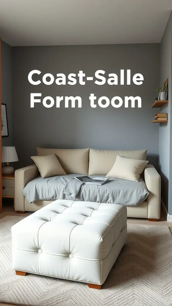 19 Creative Small Dorm Room Ideas to Maximize Your Space 6 Cozy dorm room setup with a stylish sofa and a multifunctional ottoman.