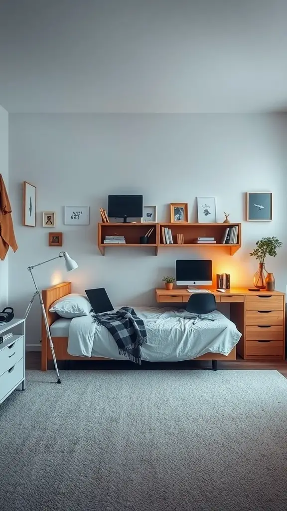 19 Stylish Dorm Room Ideas for Guys 10 A cozy dorm room featuring a bed, desk with computer, shelves, and a lamp, illustrating multi-functional furniture.