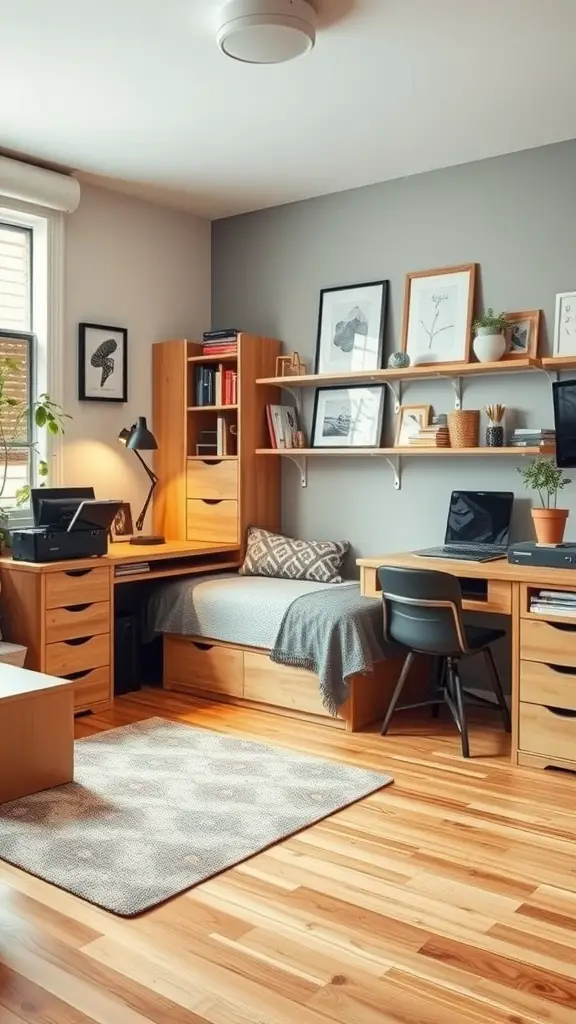 19 Stylish Dorm Room Ideas for a Cozy and Functional Space 4 A stylish dorm room with multi-functional furniture, including a bed with storage, a desk, and shelves.