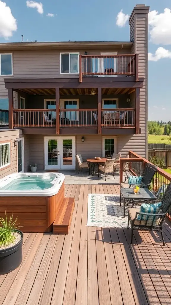 Multi-level deck featuring a hot tub, lounge area, and dining space.