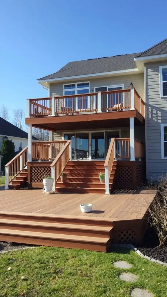 19 Inspiring Front Deck Ideas You'll Love 17 A multi-level deck with an upper balcony and a lower patio area, featuring stairs and planters.