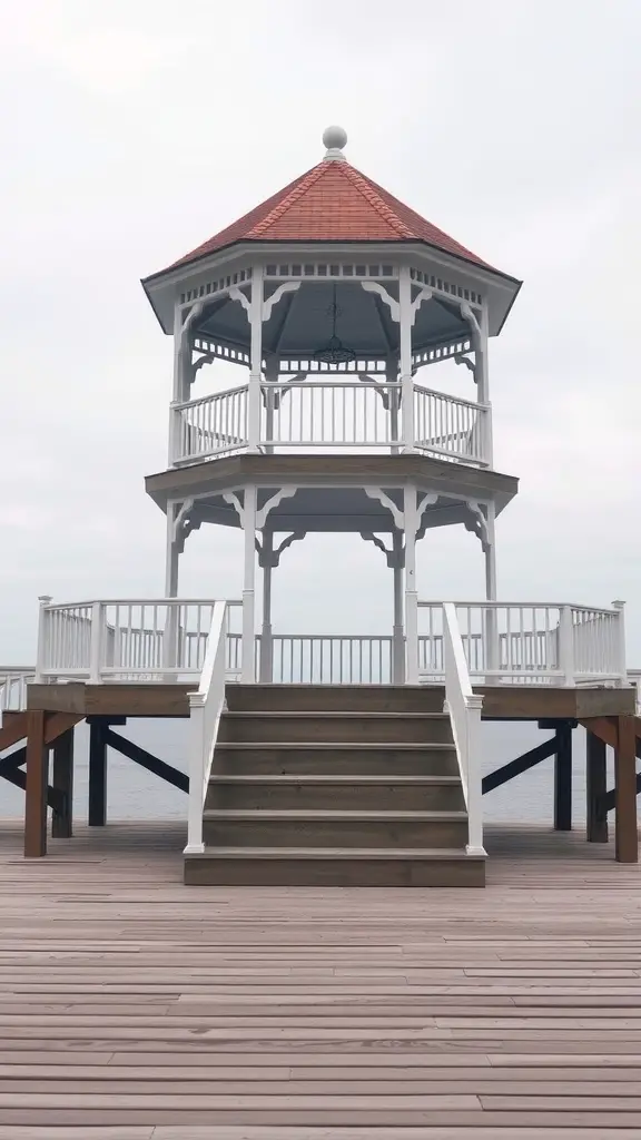 17 Stunning Gazebo Deck Ideas for Your Outdoor Oasis 12 A white multi-level gazebo with a red roof on an elevated wooden deck overlooking water.