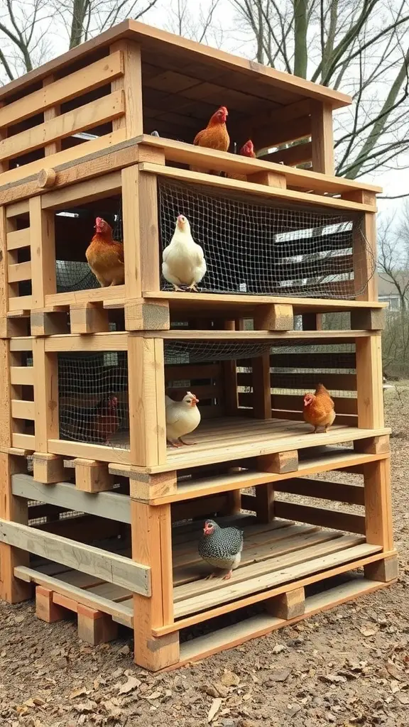 19 Creative Pallet Chicken Coop Ideas You’ll Love 4 A multi-level pallet chicken coop with chickens on different levels.