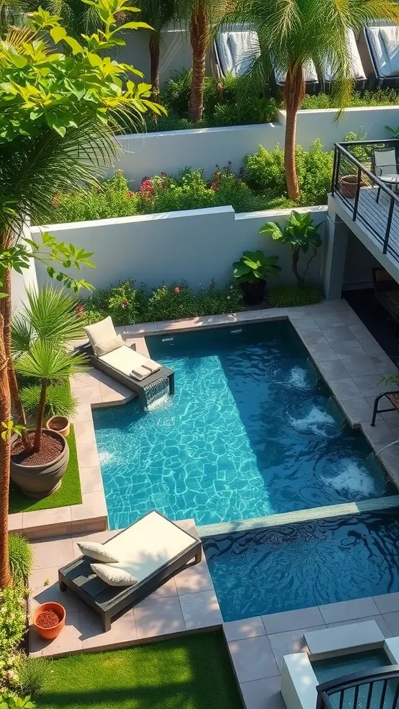 19 Creative Small Pool Design Ideas for Your Backyard 11 A multi-level pool area featuring a lower pool with a lounging area, surrounded by greenery.
