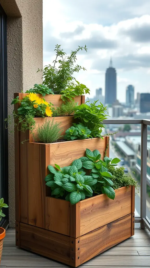 17 Creative Cedar Planter Box Ideas for Your Garden 10 A multi-tiered cedar planter box filled with various plants on a balcony, with a city skyline in the background.