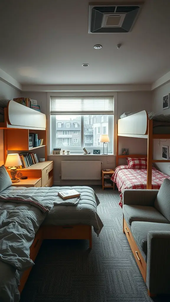 23 Creative Triple Dorm Room Ideas to Maximize Space and Style 2 A triple dorm room featuring two bunk beds and one single bed, with a sofa and study area.