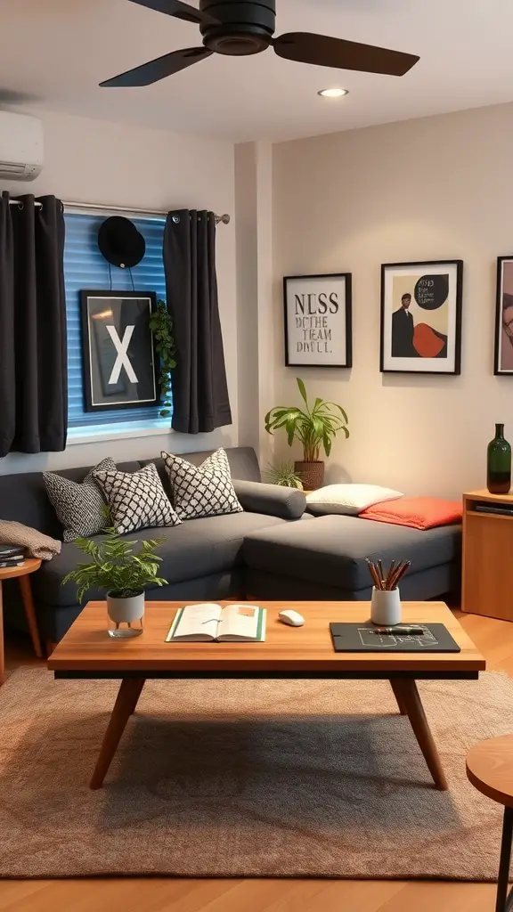 21 Creative Dorm Living Room Ideas to Maximize Space 8 A cozy dorm living room featuring multifunctional furniture, including a sofa, coffee table, and wall decor.