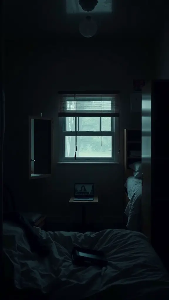 25 Dark Dorm Room Aesthetic Ideas for a Cozy and Chic Vibe 15 A dimly lit dorm room featuring mirrors, a bed, and a laptop.