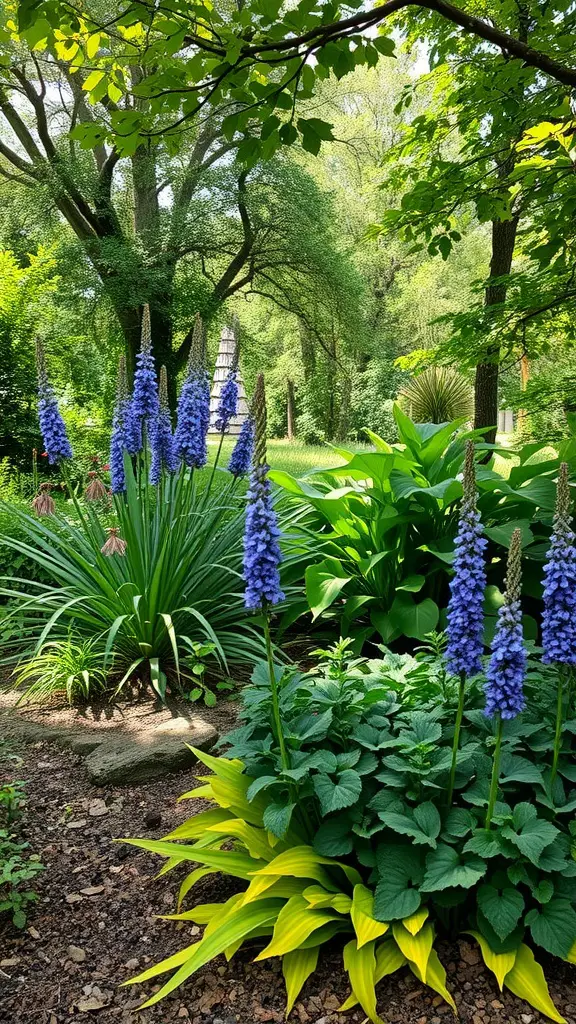 25 Stunning Shade Garden Ideas to Transform Your Outdoor Space 7 A lush shade garden featuring tall blue flowers and green foliage under trees.